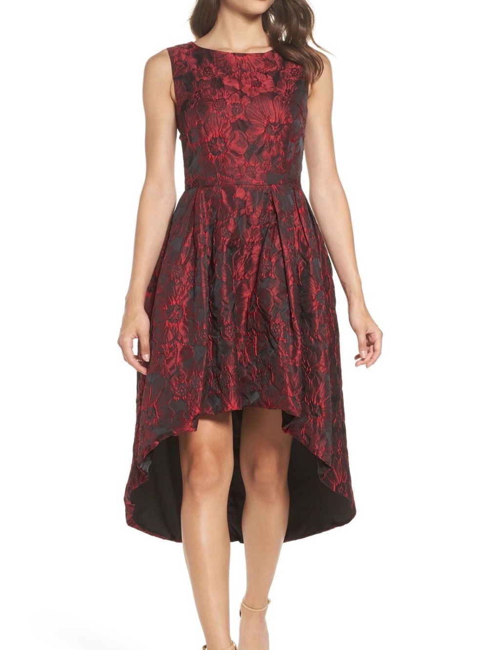 White House Black Market Burgundy Black Floral Jacquard High Low Dress Sz 6